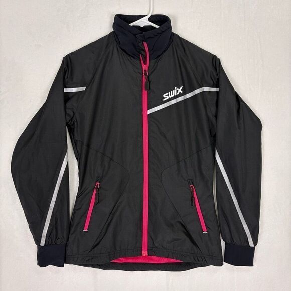 Swix Black with Pink Zipper Full Zip Up Nylon Ski Jacket Women's Size XS - Picture 1 of 13